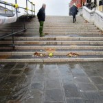 Despite the surging water and lashing waves and all, here is undeniable proof that the tide is falling: Detritus left behind on the steps of the bridges.  I don't usually find trash appealing, but this was a beautiful thing to see.