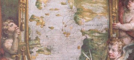 A detail from one of innumerable paintings of the battle, giving clear information on the geography.  To the right (east) the narrow entrance to what is here called the Golfo di Lepanto (now the Gulf of Corinth); to the west is a scattering of Ionian islands, primariy Kefalonia and Ithaki.