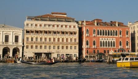 The "Danieli Excelsior" (center) was built as an addition to the Danieli Hotel, and wedged between the hotel, formerly a palazzo of the Dandolo family (DATE TK) and the New Prisons (DATE TK).  