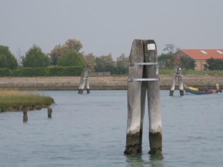 The large pilings were put in ages ago, to mark the line between the channel and the barena. As you see, the waves have shrunk the barena, so the large pilings are only sort of symbolic. As a bonus, we see the remnants of the wall of smaller pilings which was installed to prevent any further erosion of the barena.