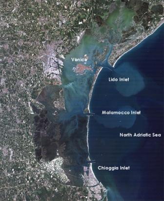 This satellite view of the Venetian lagoon gives a general hint of the variations in depth. These variations are part of what make it a lagoon and not, say, Baffin Bay.