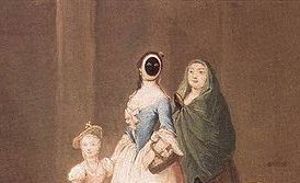 A detail from "The Rhinoceros" by Pietro Longhi shows the "moretta" mask out and about.