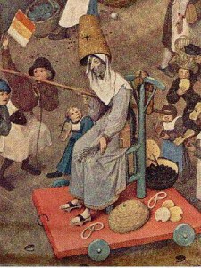 Lent personified during Carnival; detail from "The Battle between Carnival and Lent (Pieter Brueghel the Elder, 1559).