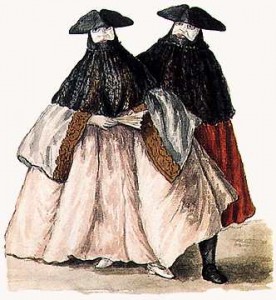 A couple in full bauta regalia: mask, hat and mantle (Giovanni Grevenbroch, 18th century).