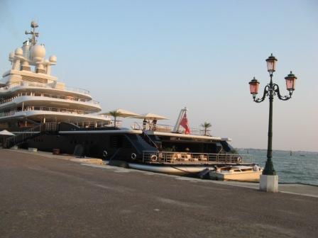 Yachts are the first intimation of the imminent onslaught of the glamorous people.  Here, Roman Abramovich's "Luna," which could probably host the entire Biennale with room to spare.  I mean the exhibitions as well as the people.ed, 