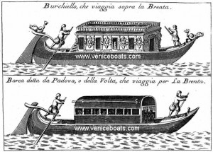 Two versions of the "Burchiello" in 1711, which carried patrician families upriver to their country estates.  The boat obviously could be rowed as well as towed.  (Credit: Gilberto Penzo)
