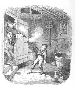 Oliver Twist is wounded during a burglary (George Cruikshank).  I imagine Mr. Zaia would have liked this approach.