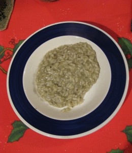 This is what the risotto made from the go' looks like.  Perhaps you can intuit from the look of it that the last step is to add butter.  How could it not be great?  If this dish was to found on any Venetian table other than ours, I would be very happy to know it.