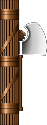 One of many representations of the fasces and axe. The rods bound together represent strength in unity (easy to break separately, impossible to break when together), and the axe represents the power of life and death which the magistrate, preceded by a "lictor" bearing the fasces, held over the Roman citizens. This, after all, is an item which dates from TKTK and was adopted as part of the Fascist Party's desire to emulate the power and glory of Rome.